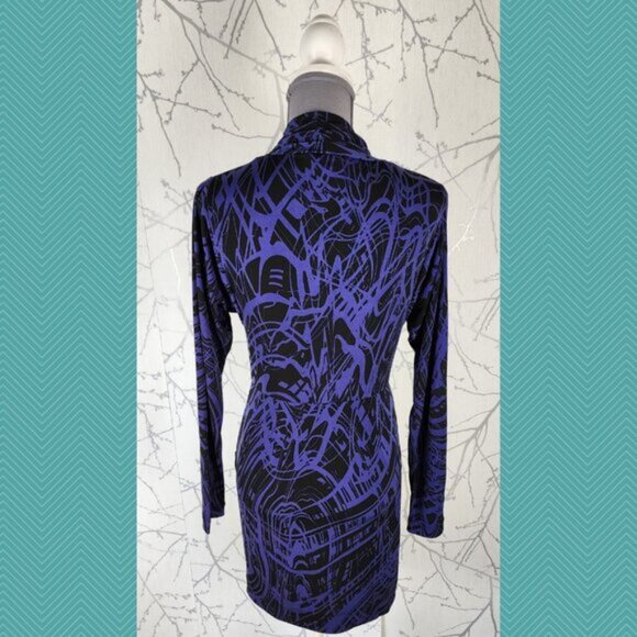 BCBGeneration Purple Artsy Abstract Print Faux Wrap Drape Dress Whimsigoth - Picture 3 of 4